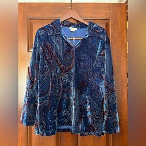 Phases Blue Burnout Velvet Paisley Button Down Shirt Boho Y2K Large